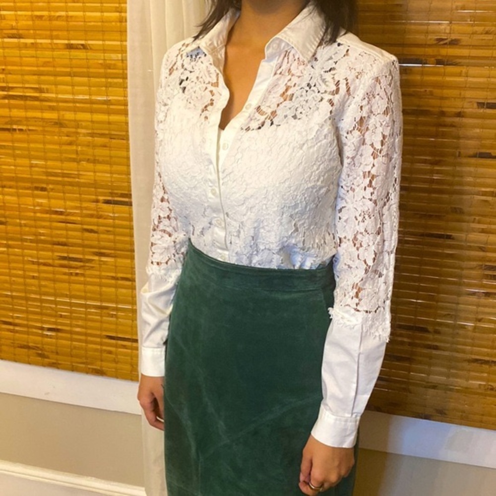 7th Ave New York & Co white cotton lace front button down blouse shirt